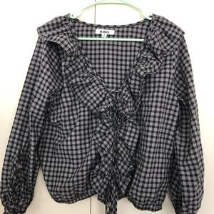 Navy Gingham Check Blouse w Ruffles